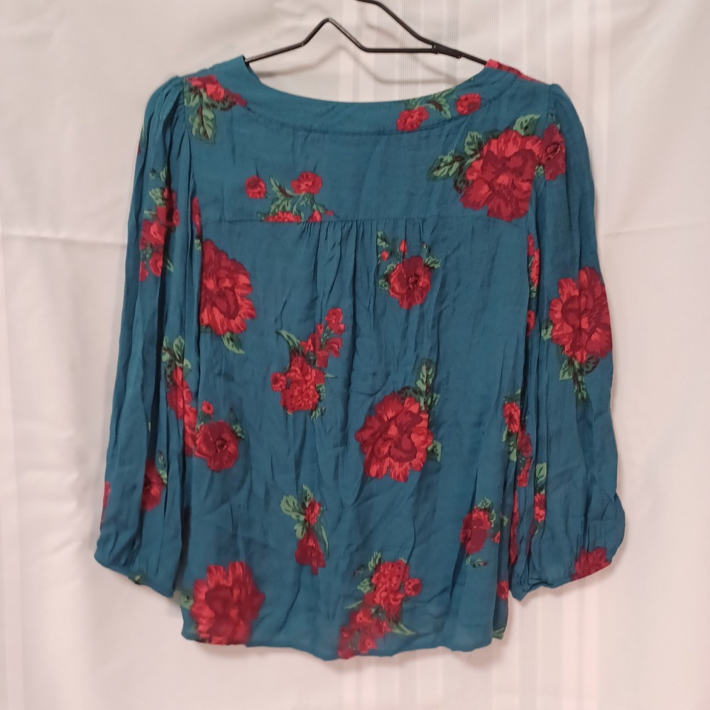 Maeve Anthropologie Teal Red Floral Henley Balloon Sleeve Blouse Small OB883713